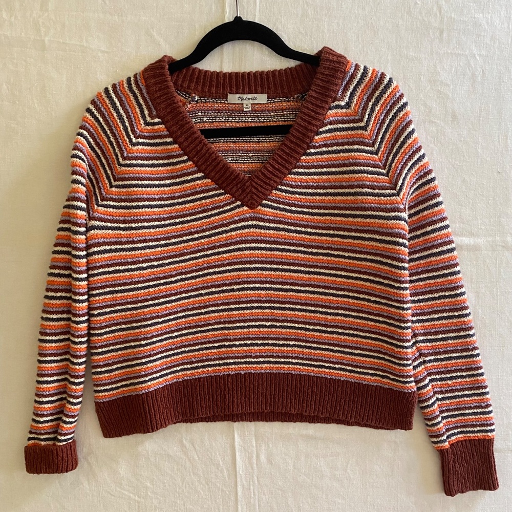 Madewell Knit Striped Pullover Sweater V Neck Red Orange Purple Size XS